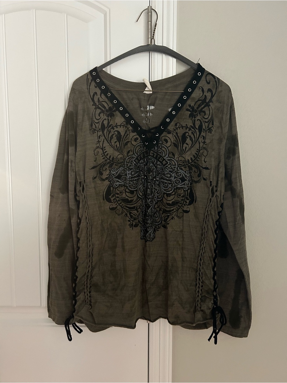 Affliction Olive Green Long Sleeve V-Neck Top with Black Embroidery